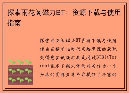 探索雨花阁磁力BT:资源下载与使用指南